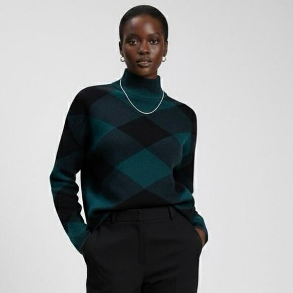 Tahari Sweater Womens XS Green Black Argyle Mock Neck Old Money Preppy Career - Picture 1 of 6